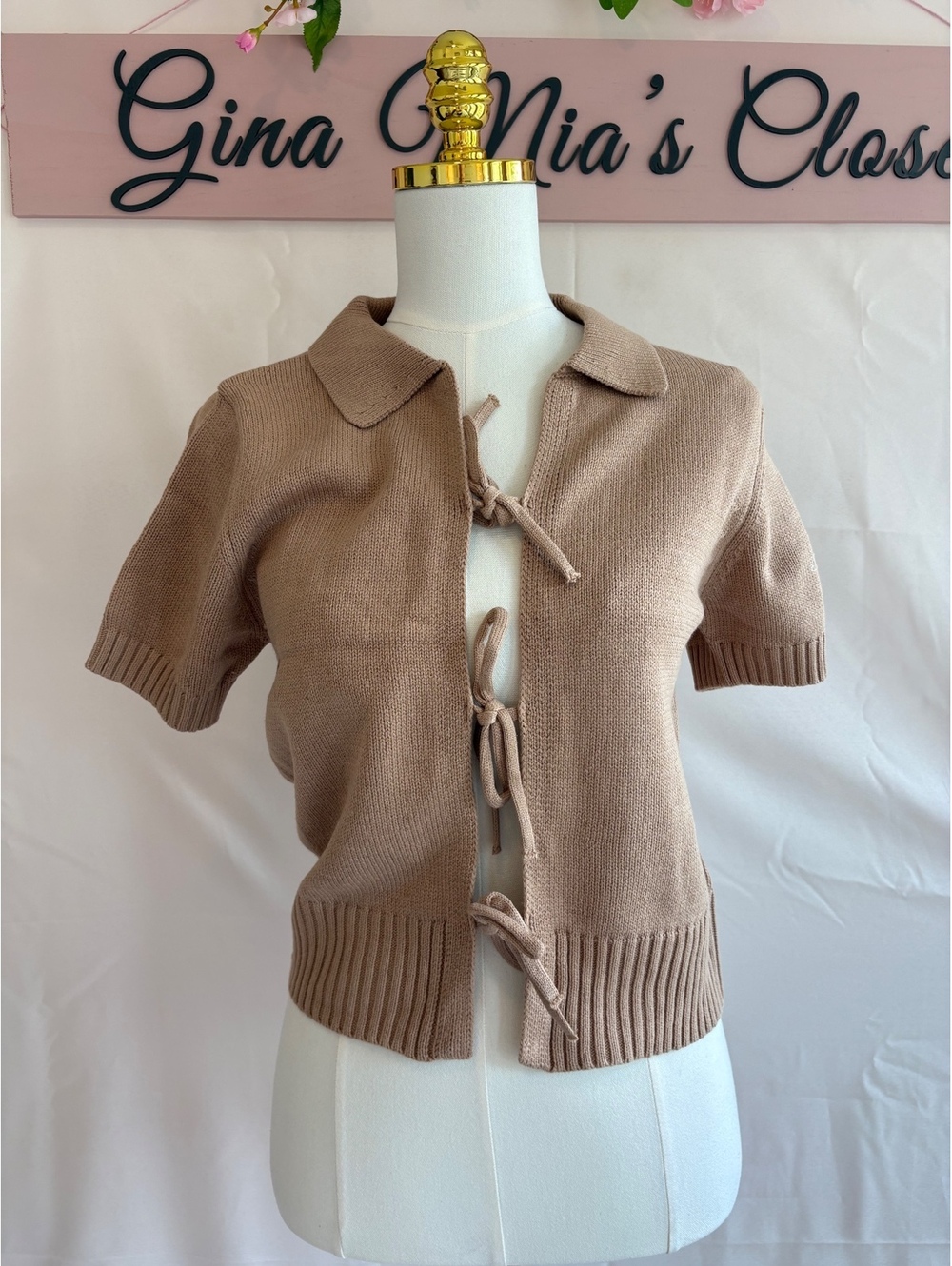Double Zero Spicy Small Brown Short Sleeve Knit Cardigan with Tie Closures
